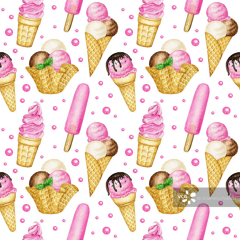 夏季无缝图案的冰棍，冰淇淋球装饰的巧克力华夫蛋筒。水彩插图上的白色背景。水果混合冰淇淋球织物织物设计图片素材