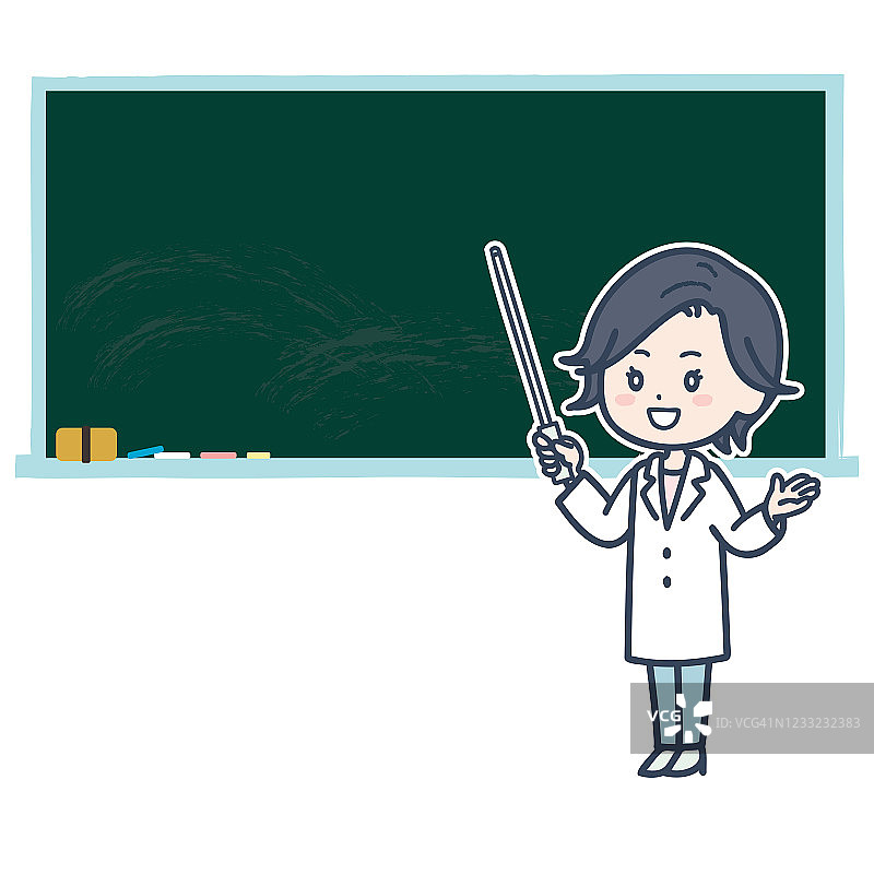 这是一个女医生在黑板前拿着一根指导棒的插图。矢量图像。图片素材