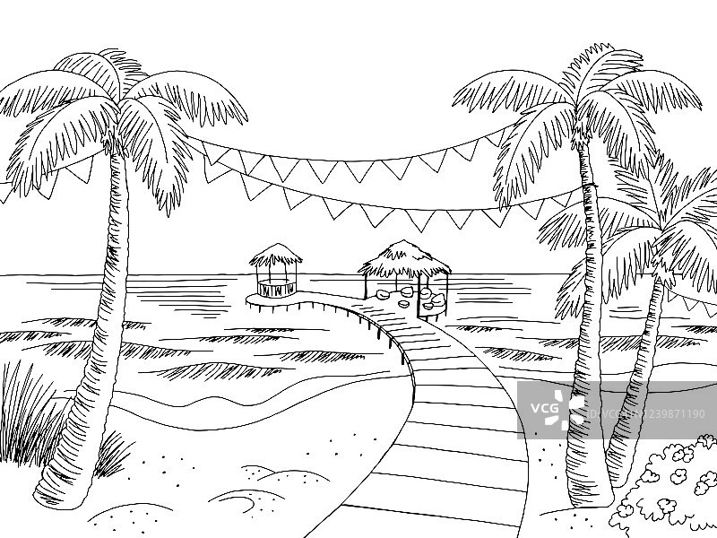 海岸海滩派对图形黑白景观素描插图矢量图片素材