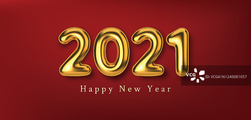 2021年新年快乐。3D逼真插图金色金属号码题字。抽象的金色金属文字横幅设计。矢量水平红色背景图片素材