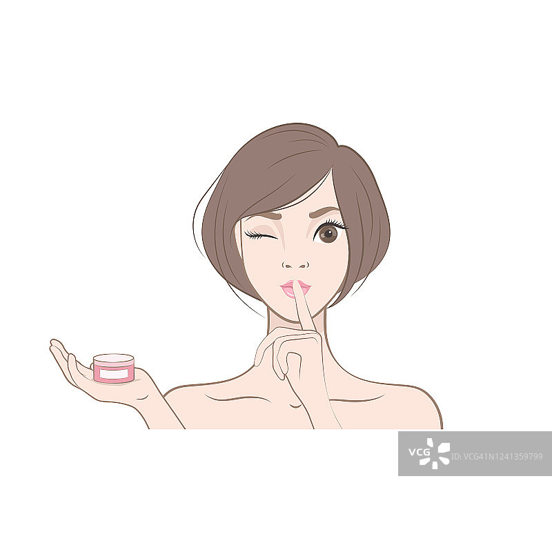 矢量插图。日本女孩把一根手指放在嘴唇上。皮肤护理。奶油图片素材