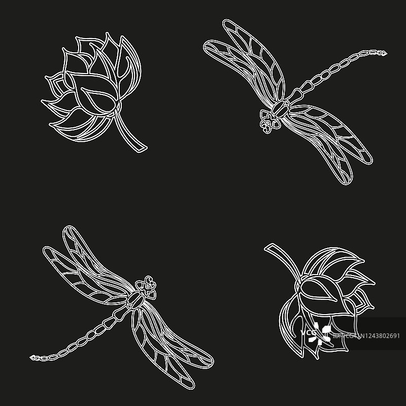 抽象的无缝图案蜻蜓和莲花在黑色的背景。现代模板织物设计与蜻蜓。无缝向量模板。黑底白莲。图片素材