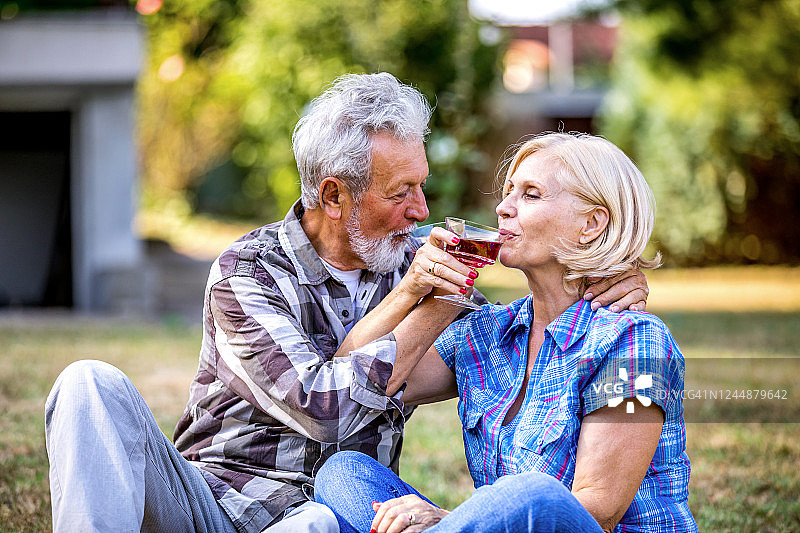 一对老年夫妇在享用一杯红酒图片素材