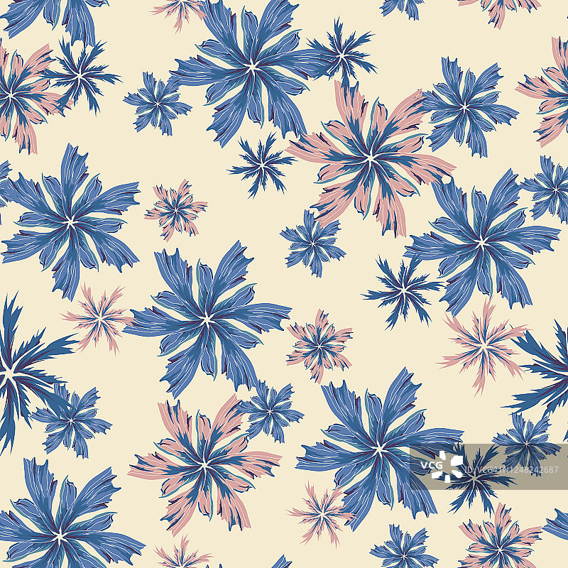 复古风格的无缝米色图案。蓝色的花，雪花织物，家纺和纸装饰。普罗旺斯。图片素材