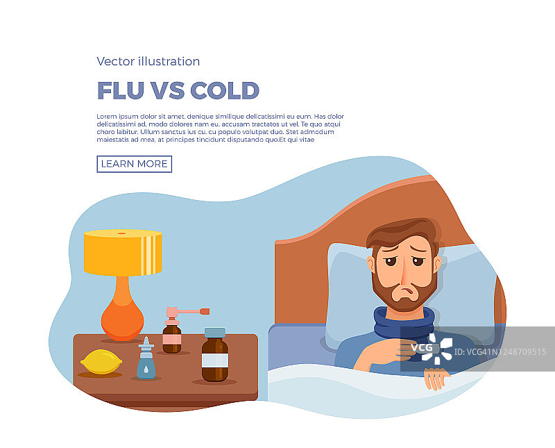 有个病人在床上，症状是感冒，流感。图片素材