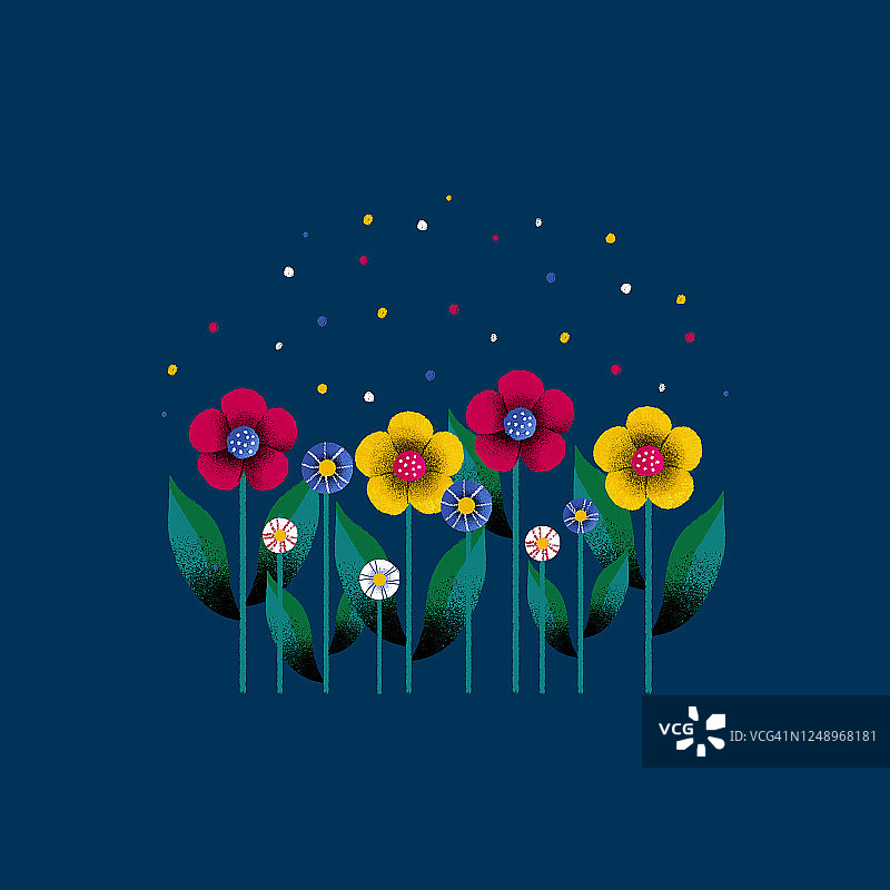 一排春天的五彩花束。深蓝色背景上的平面设计。数码插图图片素材