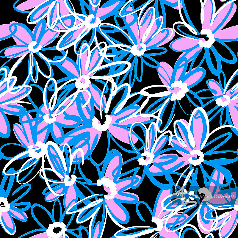 明媚的春色背景。艺术草甸雏菊花制作的细密无缝图案。花瓣和味蕾。毡尖笔。勾勒平面草图。图片素材