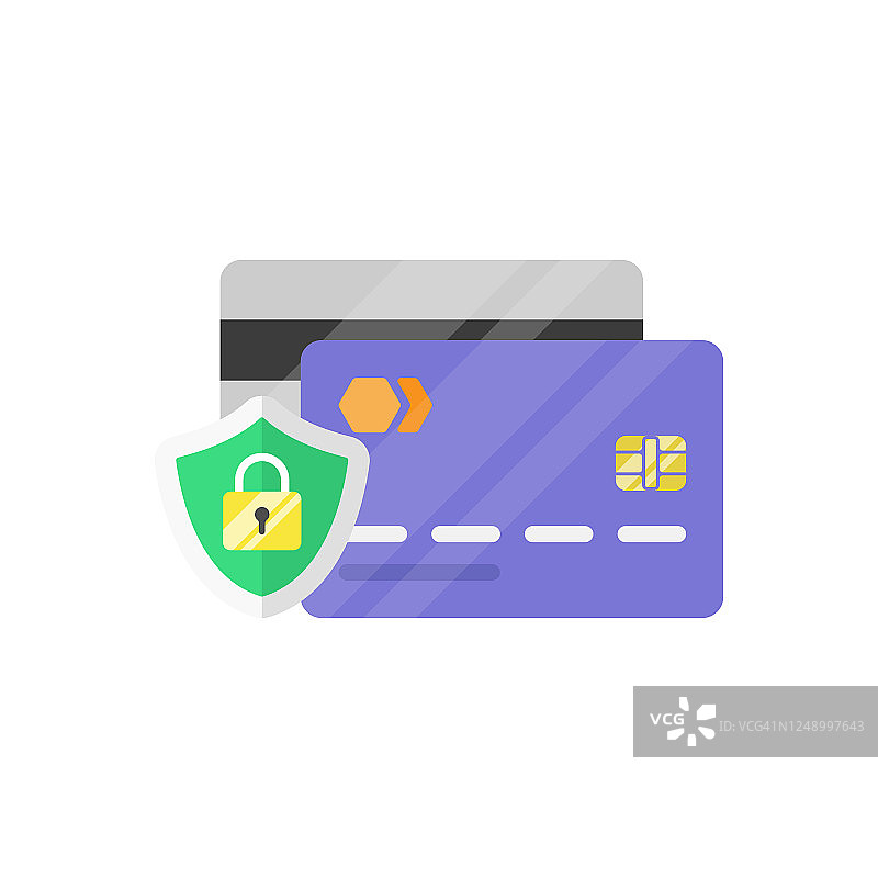 信用卡安全图标。支付保护概念和信用卡盾平设计。图片素材