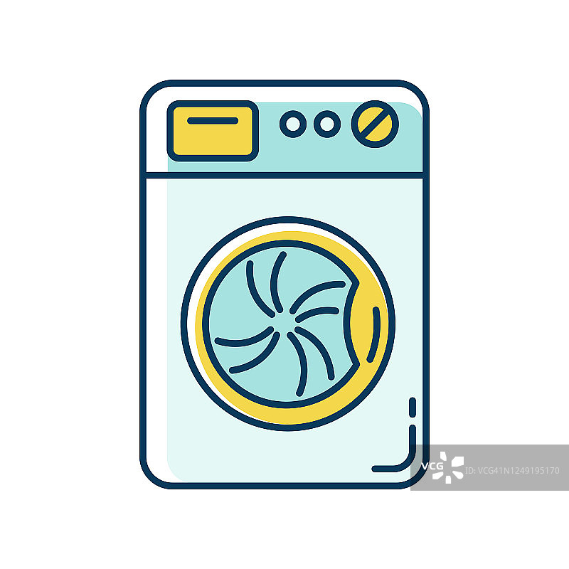 洗衣、洗衣机蓝黄RGB颜色图标。洗衣机、家用电器、电器。家用设备、自助洗衣房、电子设备。孤立的矢量图图片素材