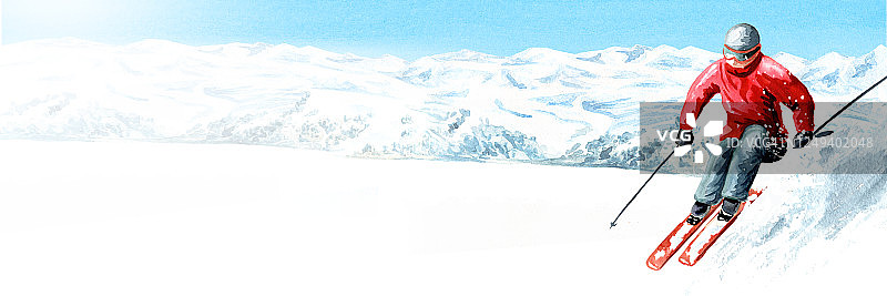滑雪者在滑雪胜地，冬季休闲度假的概念。手绘水彩插图和全景背景与复制空间图片素材