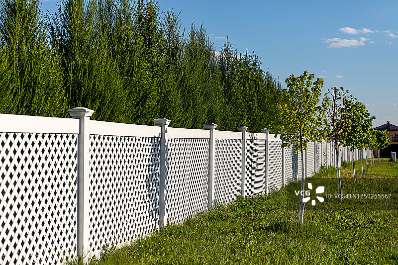 村舍里的白色乙烯基栅栏。篱笆后面高大的杜嘉灌木。图片素材