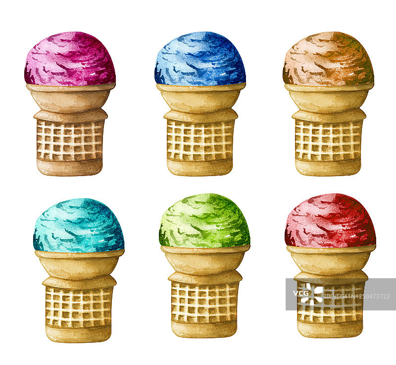 水彩彩色冰淇淋蛋卷孤立在白色背景。手绘一套不同口味的冰淇淋在华夫蛋筒。绿色，红色，蓝色，粉色，巧克力勺图片素材