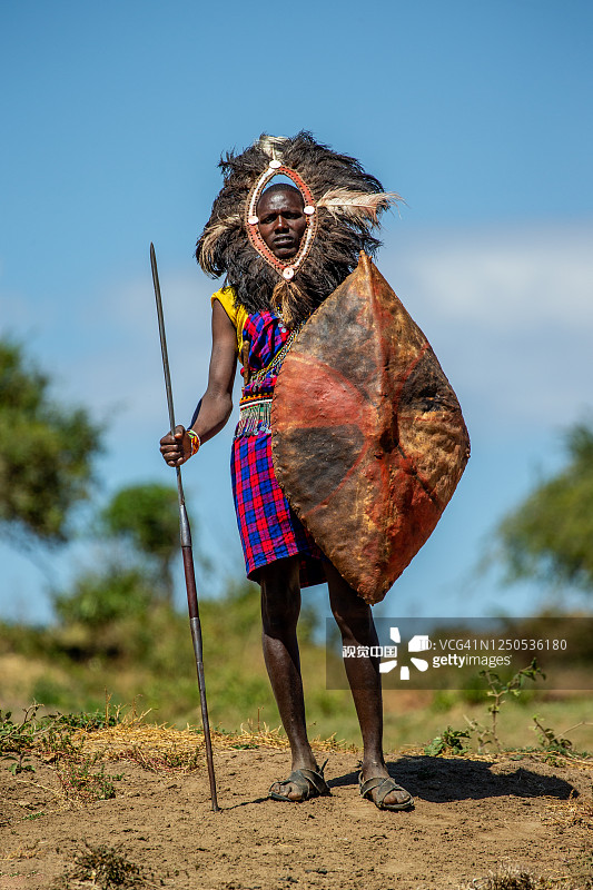 马萨伊战士身穿传统服装，头戴武士头饰，手持长矛和盾牌，背景是典型的非洲大草原和蓝天。图片素材