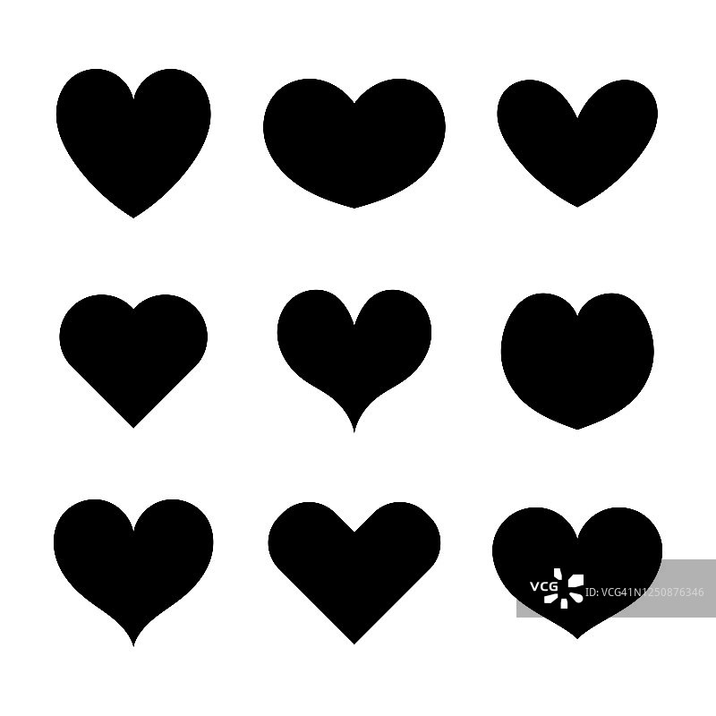 Set vector hearts black color draw the hand, love icon, creative design on white background, collection of heart插图，Set of 9手绘心为情人节。图片素材