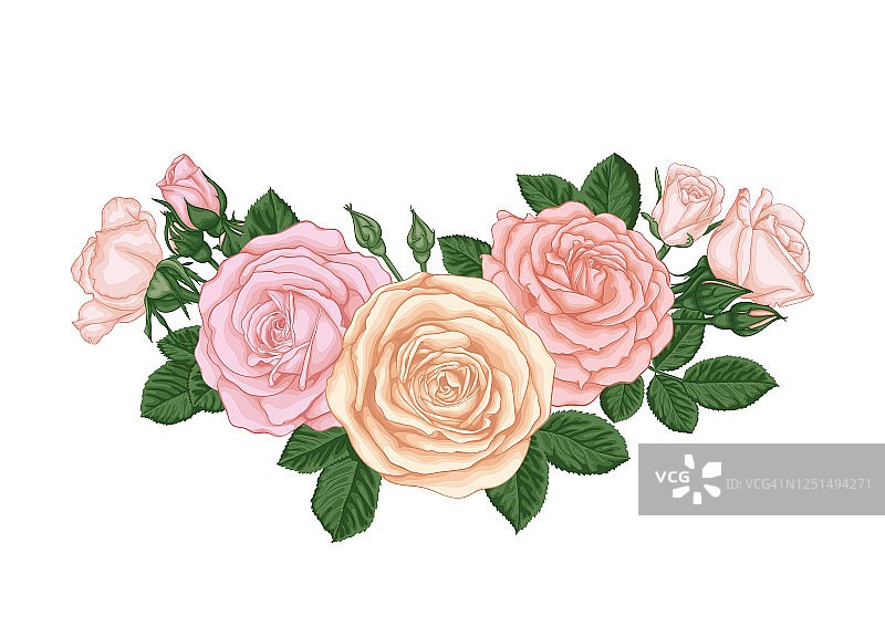 美丽的花束，粉嫩的玫瑰花蕾和叶子。插花艺术。设计贺卡和婚礼、生日、情人节、母亲节等节日的请柬图片素材