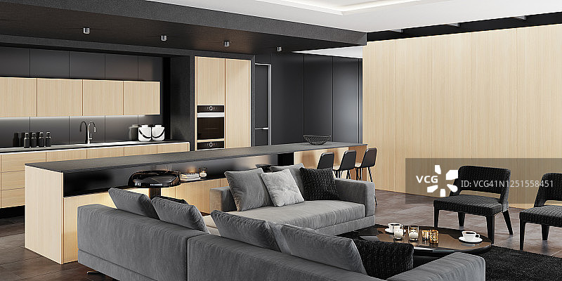 豪华的黑色和浅色木材室内客厅与现代极简主义意大利风格的开放式空间厨房与大长厨房岛。图片素材