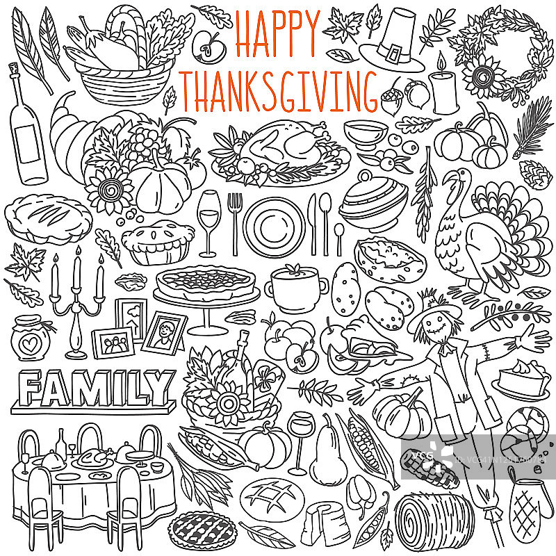 感恩节涂鸦集。传统的象征，食物和饮料-火鸡，南瓜派，玉米，酒。图片素材