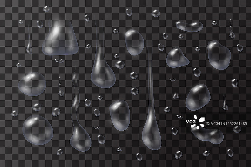 透明的水滴在透明的表面上。矢量图图片素材