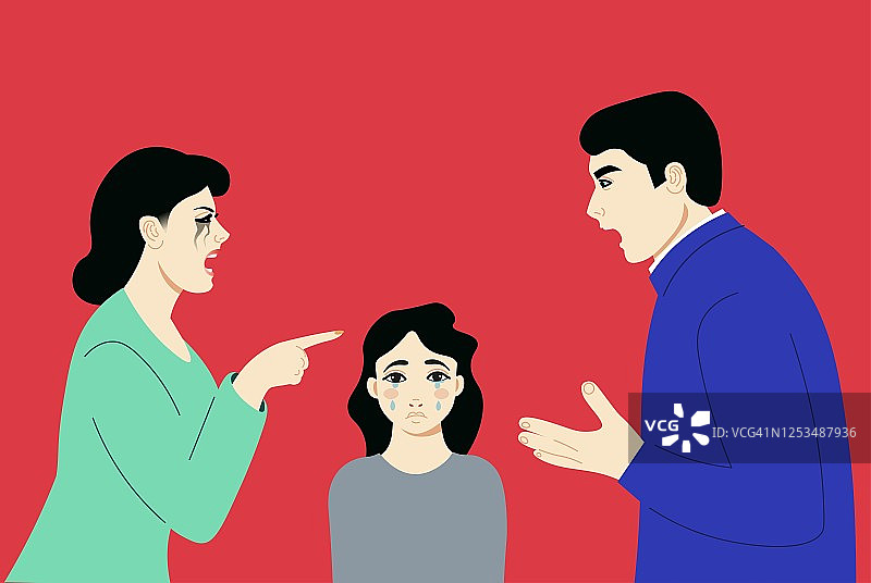 男人和女人在吵架。离婚前又吵架了。哭闹的孩子站在离婚的父母中间。平面向量插图。图片素材