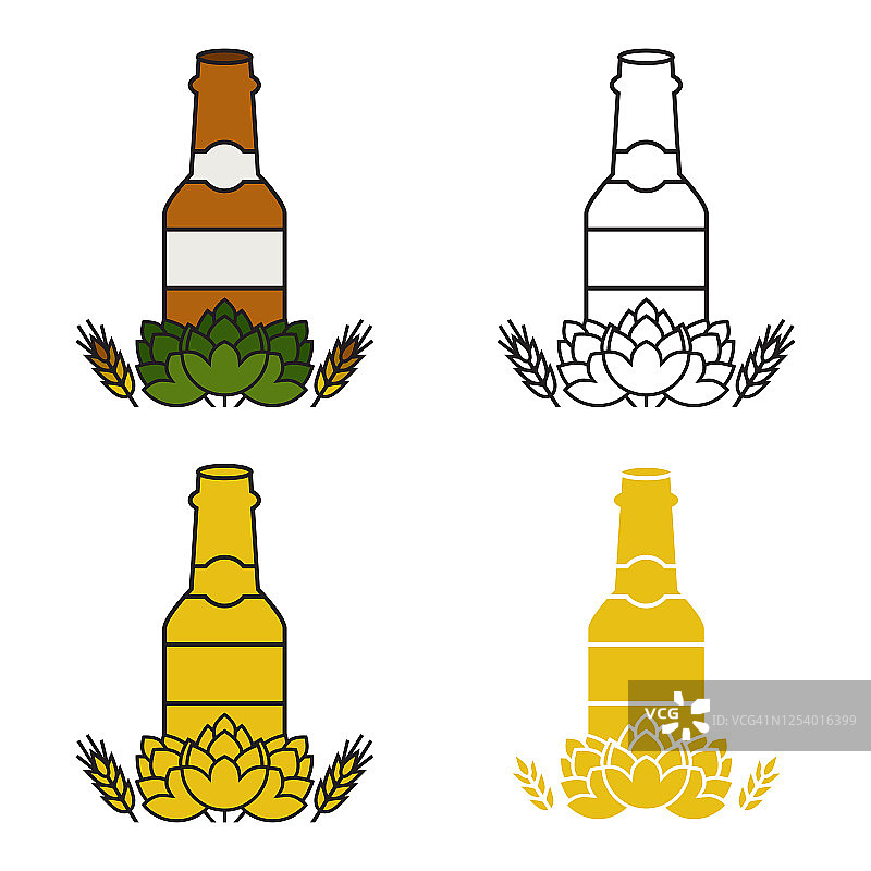啤酒的图标。啤酒花，麦芽和一瓶啤酒。刷新的酒精饮料。啤酒节。矢量插图孤立在白色背景上设计和网页。图片素材