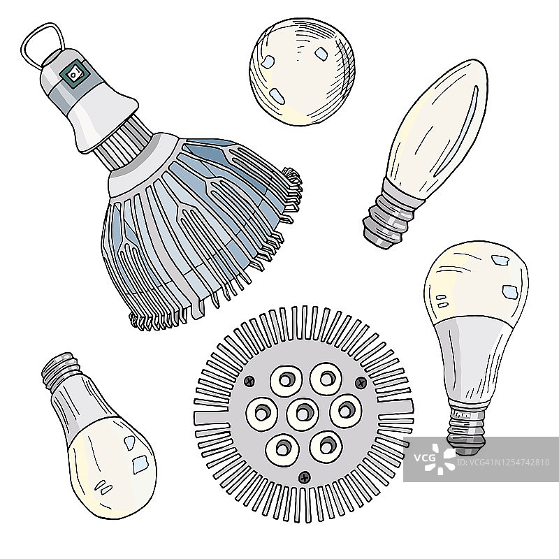 一组矢量灯泡。手绘LED灯和植物灯隔离在白色的背景。卡通彩色插图。图片素材