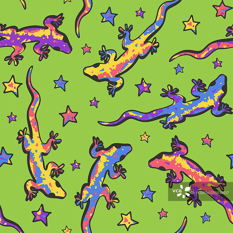 无缝矢量模式与蜥蜴和星星在绿色背景。可爱的动物壁纸设计的儿童。有趣的壁虎时尚纺织品。图片素材