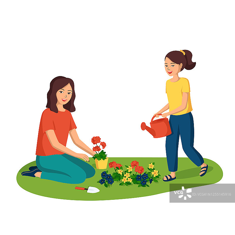 快乐微笑的母女在花园里种花。带孩子的家庭园艺的概念。卡通矢量图图片素材