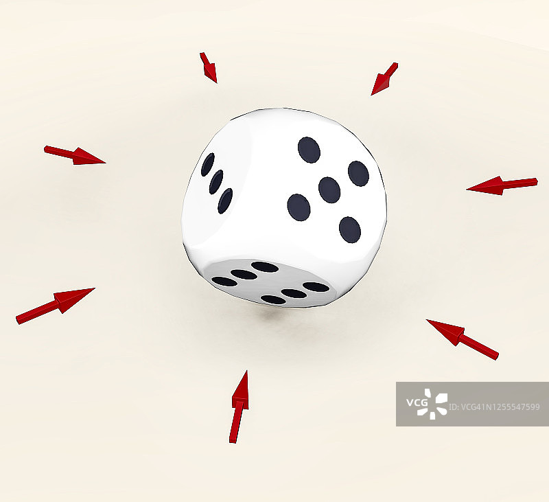 红色箭头显示在滚动骰子，3D概念图片素材