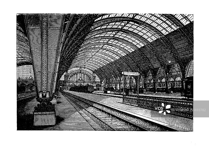 德国法兰克福火车站的古老雕刻插图图片素材