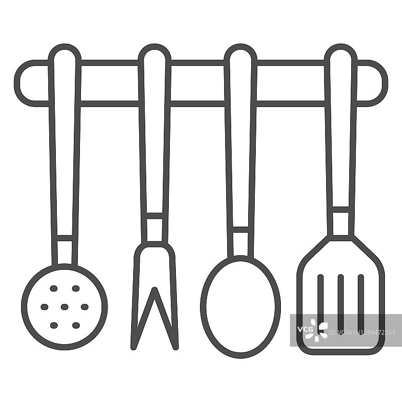 厨房用具设置细线图标，厨房用具概念，烹饪工具标志在白色背景，悬挂厨房用具图标在移动和网页设计的轮廓风格。矢量图形。图片素材