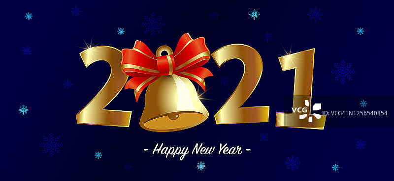 2021年新年贺卡快乐。抽象的设计，金色数字和一个钟与红色丝带在蓝色的背景图片素材