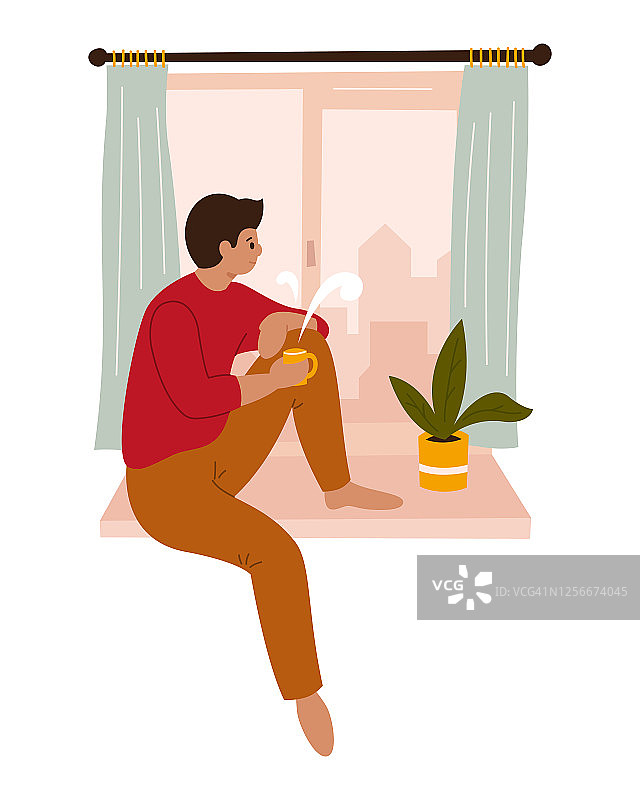 一个年轻人坐在家里的窗台上向窗外看。手绘彩色矢量插图。隔离。冠状病毒冥想，喝咖啡，喝茶。呆在家里图片素材