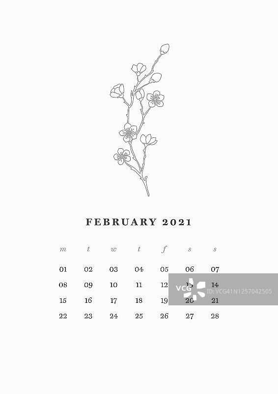 02 Page - FEBRUARY 2021 – Wall or Desk Art Calendar 2021 Printable Vector Template. Daily Planner 2021. 12 Line art Flowers Illustration. Floral Minimal and Elegant Diary Calendar 2021 Design.图片素材