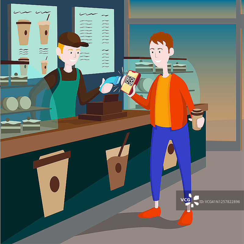 顾客在咖啡店柜台用手机付款图片素材