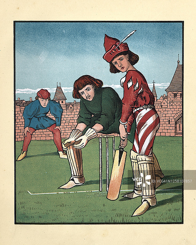 板球、击球手和守门员比赛的中世纪男子图片素材