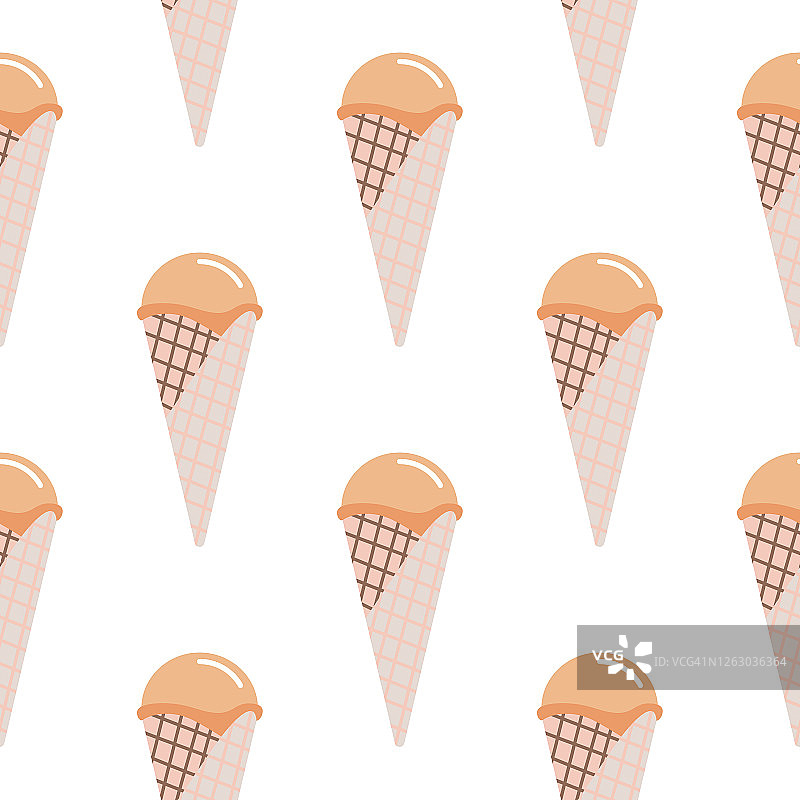 无缝图案的华夫蛋筒冰淇淋。淡紫色和橙色柔和的独立设计。食品的背景。图片素材