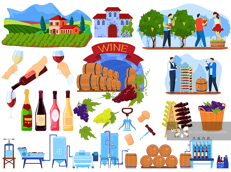葡萄酒的生产过程在工厂矢量插图设置，卡通扁酒庄，酿酒生产收集孤立上白图片素材