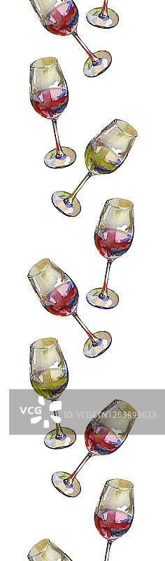 无缝垂直边界随机安排的酒杯与红和白葡萄酒。图片素材