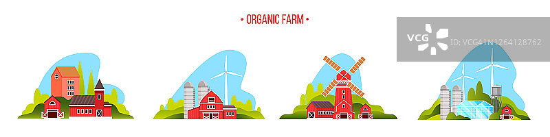 有机农场城市设有磨坊、谷仓、风力涡轮机、村舍、水塔。图片素材
