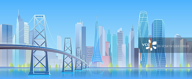 城市桥梁矢量插图，卡通平面现代城市蓝色未来天际线，城市景观与摩天大楼在市中心，高速公路桥水上图片素材