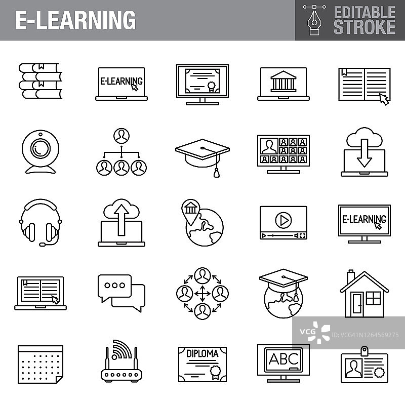 E-Learning可编辑的描边图标设置图片素材