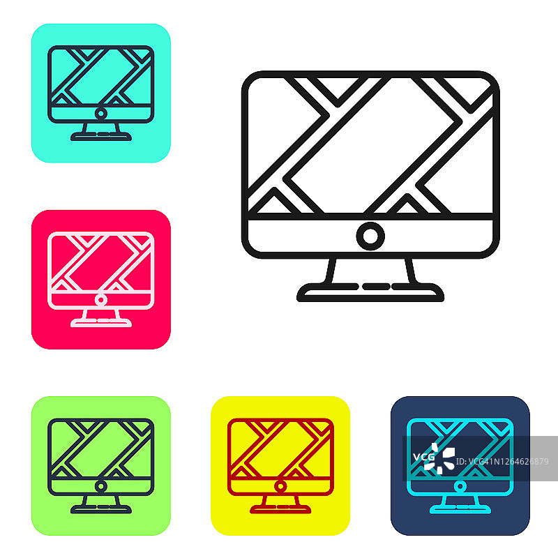 黑线电脑显示器和折叠地图，位置标记图标孤立在白色背景上。设置图标的颜色方形按钮。矢量图图片素材