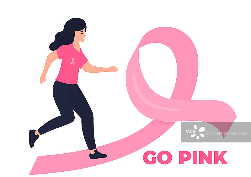 一名女子在一条粉红色的丝带路上跑马拉松，以支持乳腺癌患者。10月妇女健康宣传月图片素材