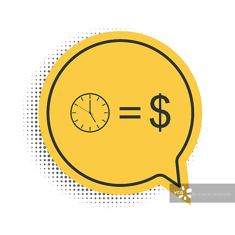 黑色时间是孤立在白色背景上的金钱图标。金钱是时间。有效的时间管理。将时间转化为金钱。黄色语音气泡符号。向量图片素材