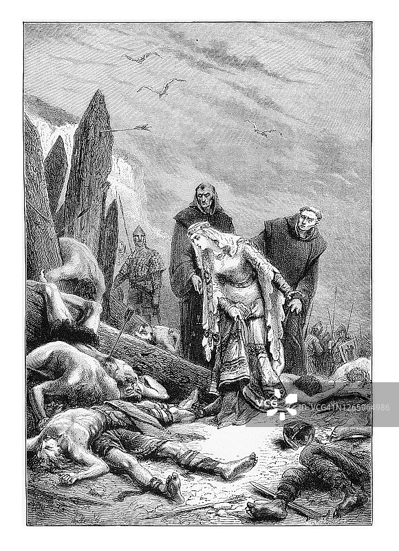 伊迪丝·斯旺奈克在寻找英国国王哈罗德二世的尸体，哈罗德二世死于黑斯廷斯战役图片素材
