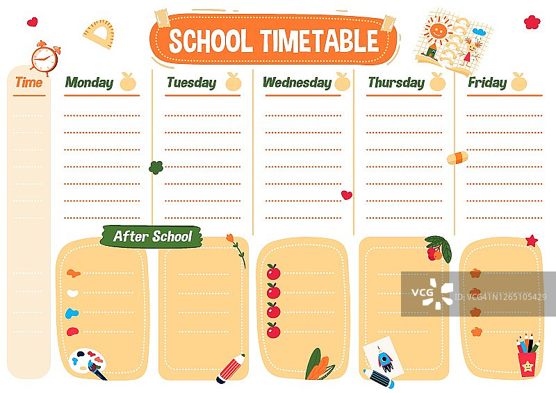 学校计划列表。为孩子和学生打印的艺术时间表。每周的课程安排和课后计划。儿童教育的组织者。计划与可爱的图表大学。图片素材