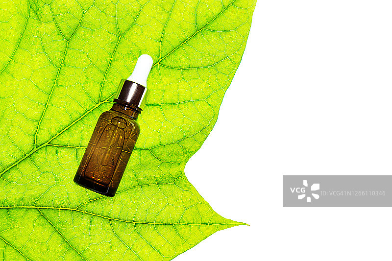 护肤产品，绿叶上天然化妆品。含血清的天然护肤瓶。图片素材