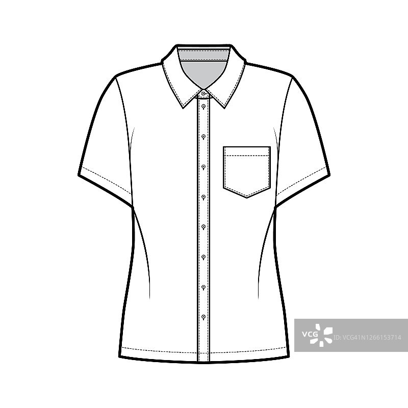 衬衫技术时尚插图有角度口袋，短袖，放松合身，前扣常规领图片素材