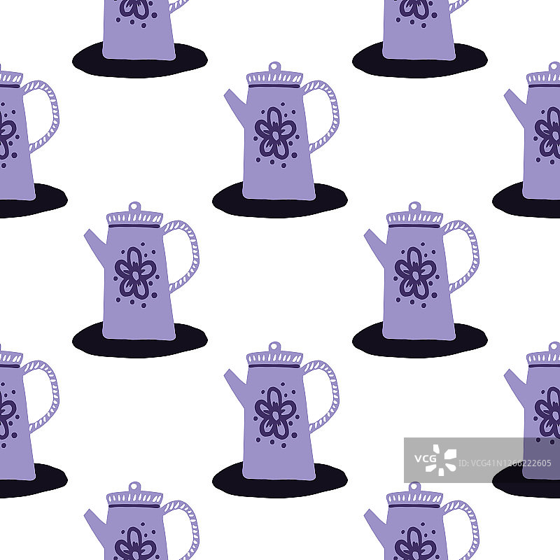 孤立无缝紫砂壶图案。白色背景上的厨房装饰品。图片素材