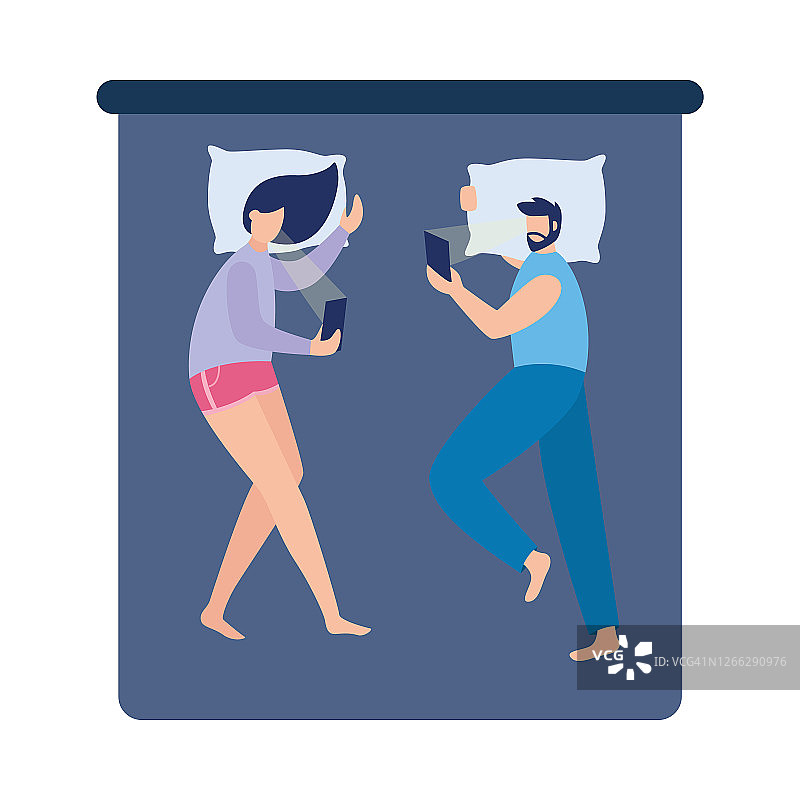 因手机成瘾而失眠的夫妇平面矢量插图孤立。图片素材